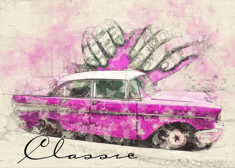 El coche de ensueño rosa clásico de Lembayung senja studio [Vintage Poster]
