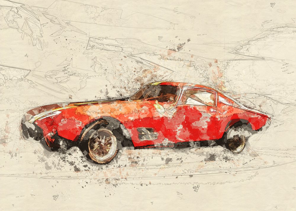 Boceto de un coche rojo clásico de Lembayung senja studio [Vintage Poster]
