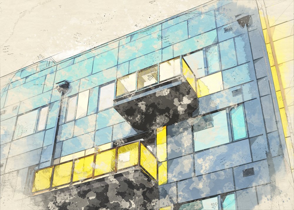 Boceto de un edificio moderno de Lembayung senja studio [Vintage Poster]