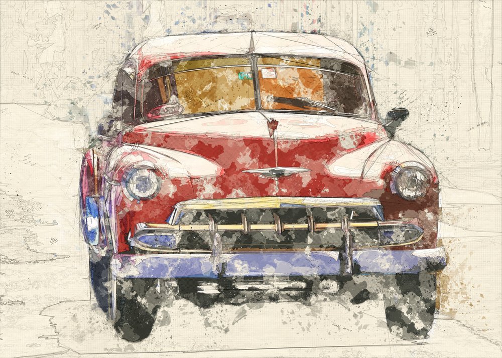 Coche clásico rojo de Lembayung senja studio [Vintage Poster]