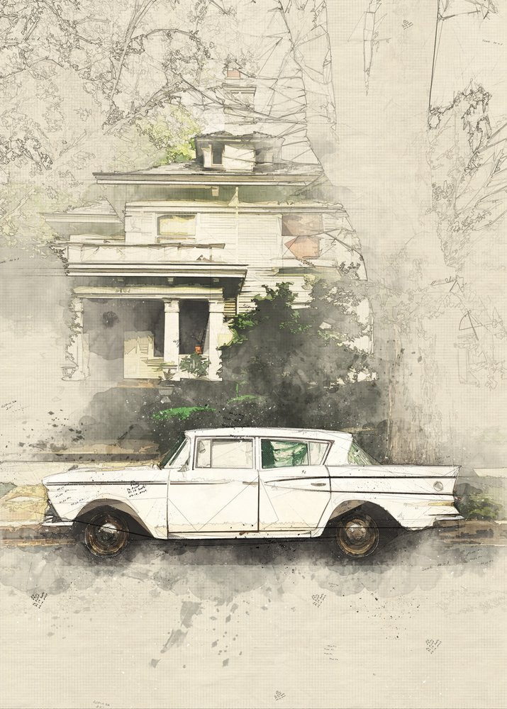 Boceto de un coche clásico y una casa antigua de Lembayung senja studio [Vintage Poster]