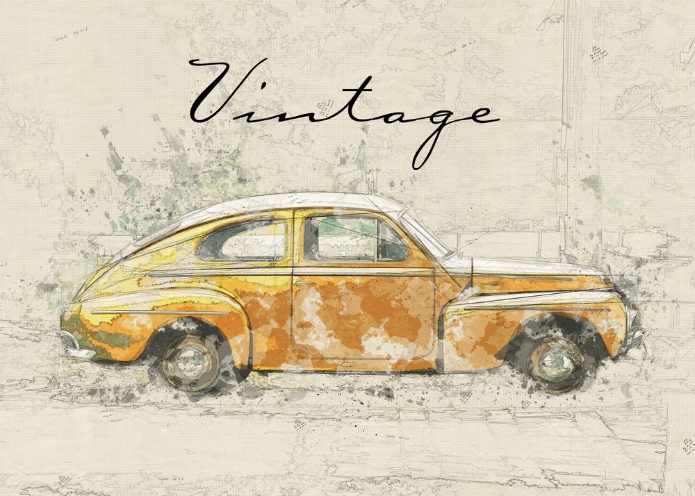 Boceto de un coche clásico de Lembayung senja studio [Vintage Poster]