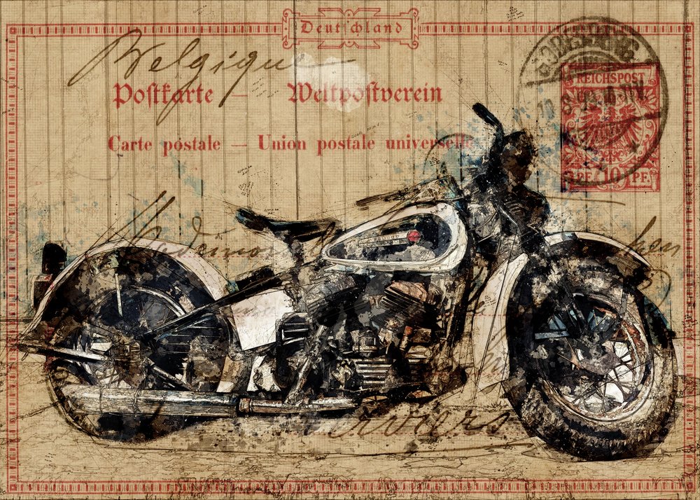 Postal de una motocicleta clásica de Lembayung senja studio [Vintage Poster]