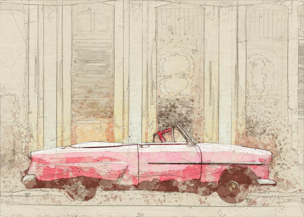 Boceto de un descapotable rosa vintage de Lembayung senja studio [Vintage Poster]