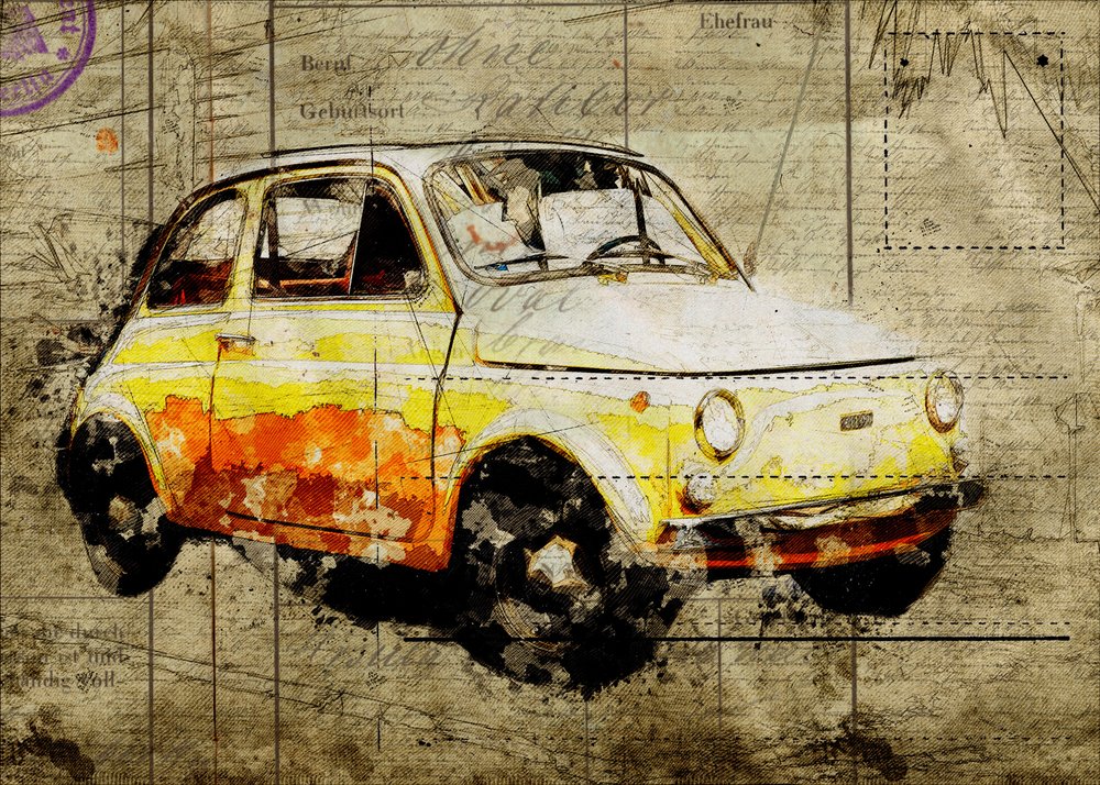 Fiat 500 amarillo vintage de Lembayung senja studio [Vintage Poster]