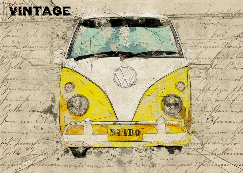 Boceto de una furgoneta amarilla vintage de Lembayung senja studio [Vintage Poster]