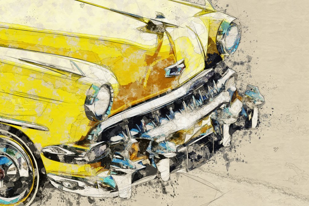 Coche clásico amarillo cromado de Lembayung senja studio [Vintage Poster]