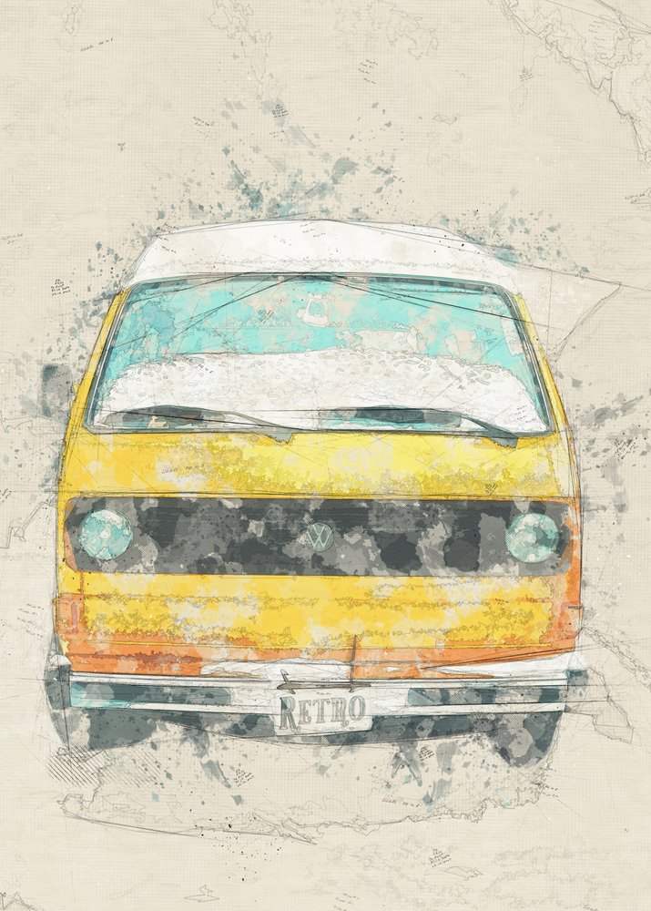 Furgoneta camper retro amarilla de Lembayung senja studio [Vintage Poster]