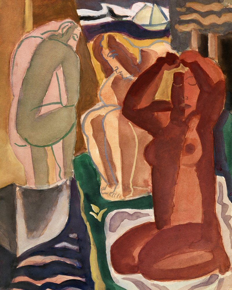 Dos mujeres bañándose y un puente. Figura 4x5. Limpia de Leo Gestel
