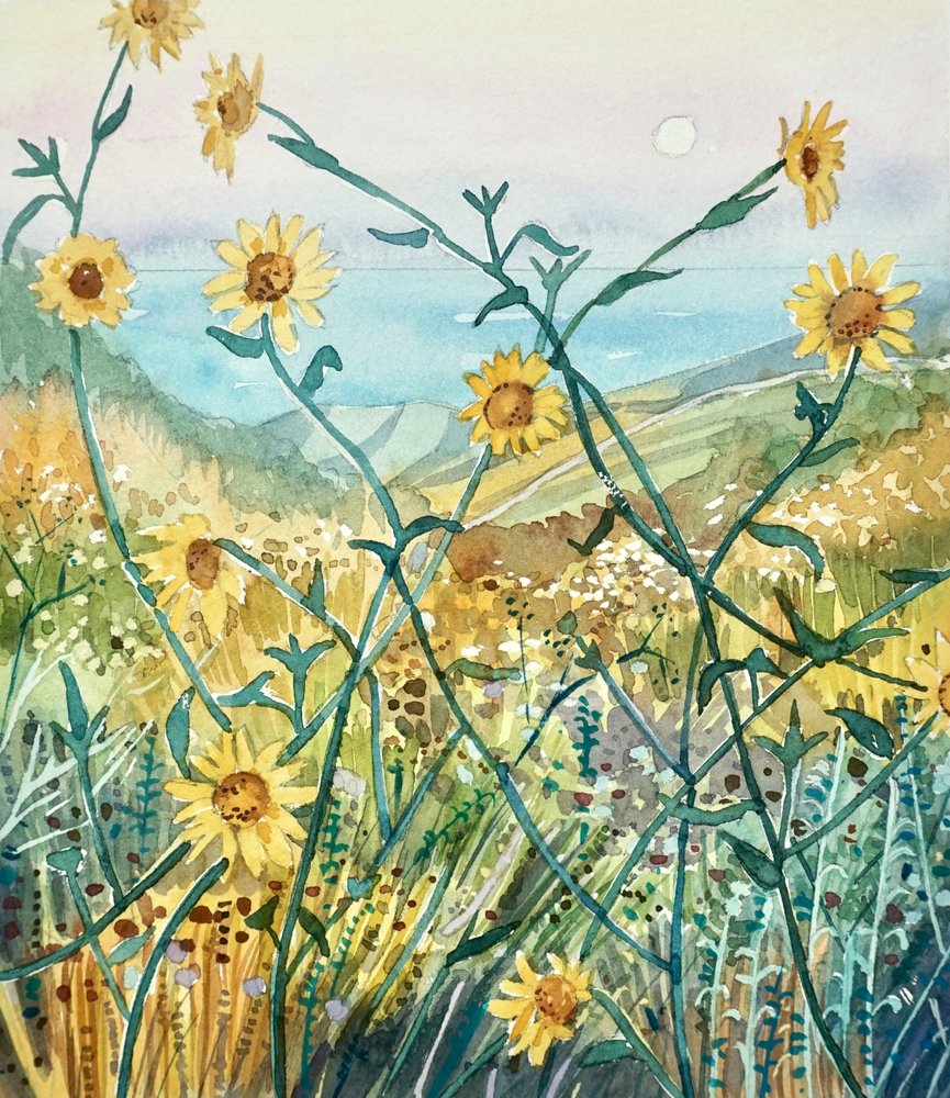 Flores silvestres bajo el sol con vistas al mar de Luisa Millicent