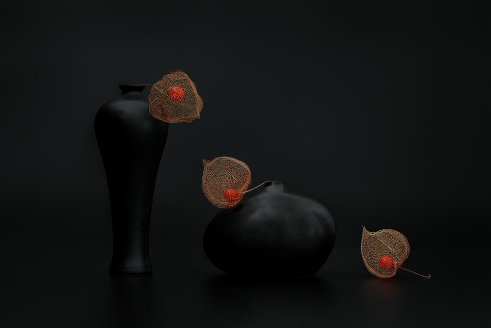 Farolillos chinos en jarrones negros de Lydia Jacobs