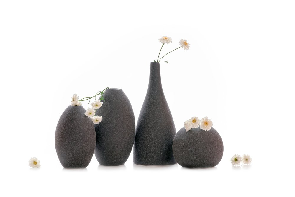 Jarrones oscuros y flores blancas de Lydia Jacobs