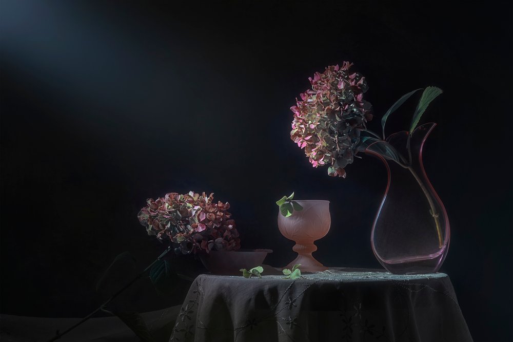 Naturaleza muerta con hortensias de Moody de Lydia Jacobs