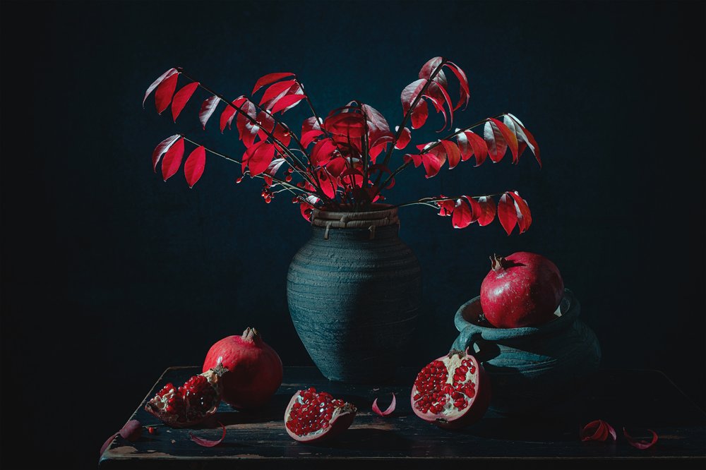 Naturaleza muerta de granada roja melancólica de Lydia Jacobs