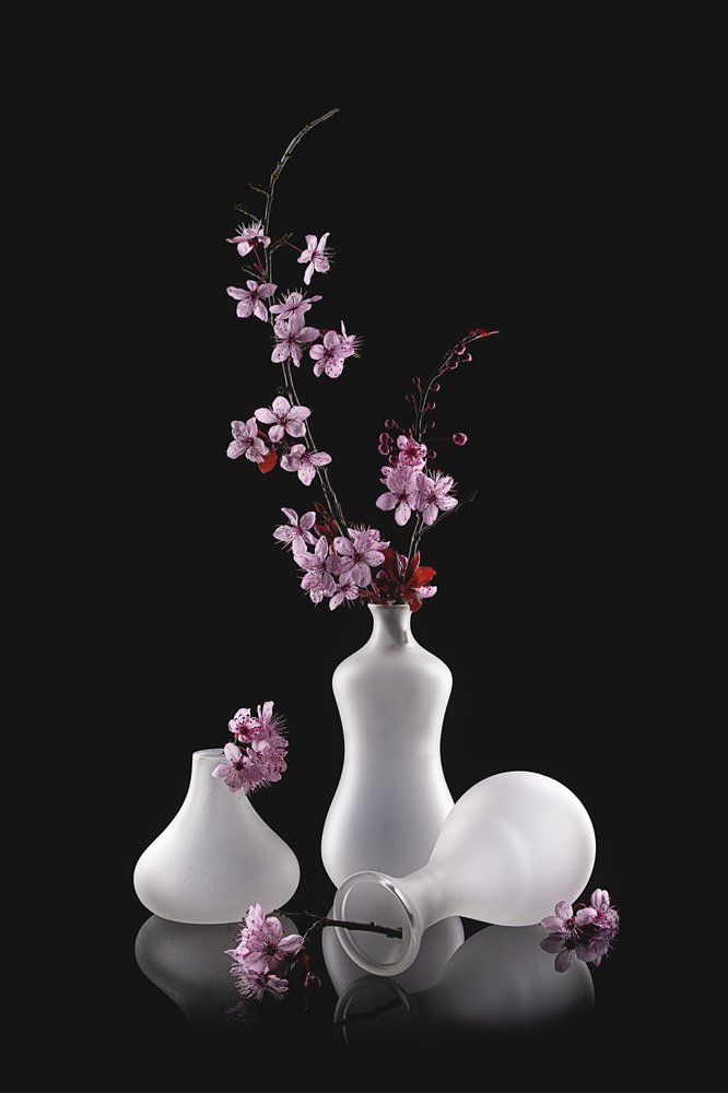 Jarrones esmerilados con flores rosas de Lydia Jacobs