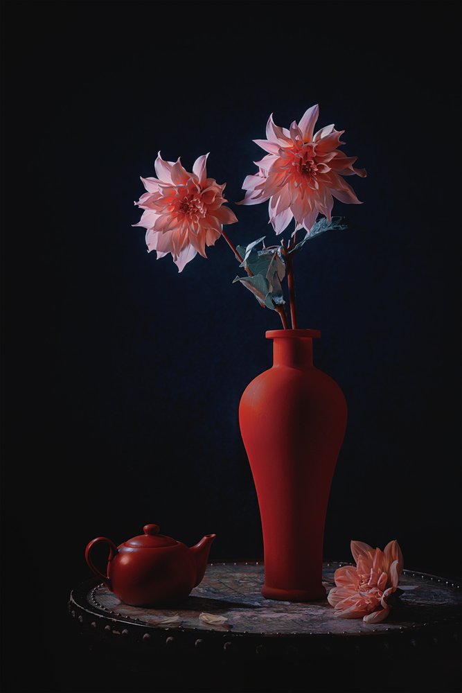 Dalias rosas en un jarrón rojo de Lydia Jacobs