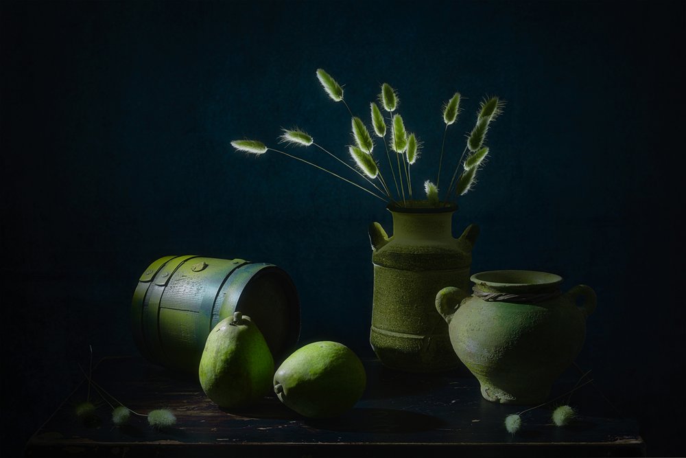Naturaleza muerta rústica en verde de Lydia Jacobs