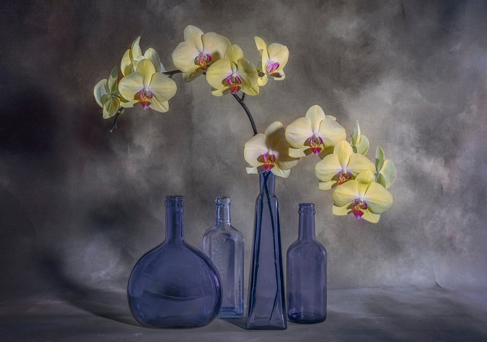 Orquídeas amarillas, cristal azul de Lydia Jacobs
