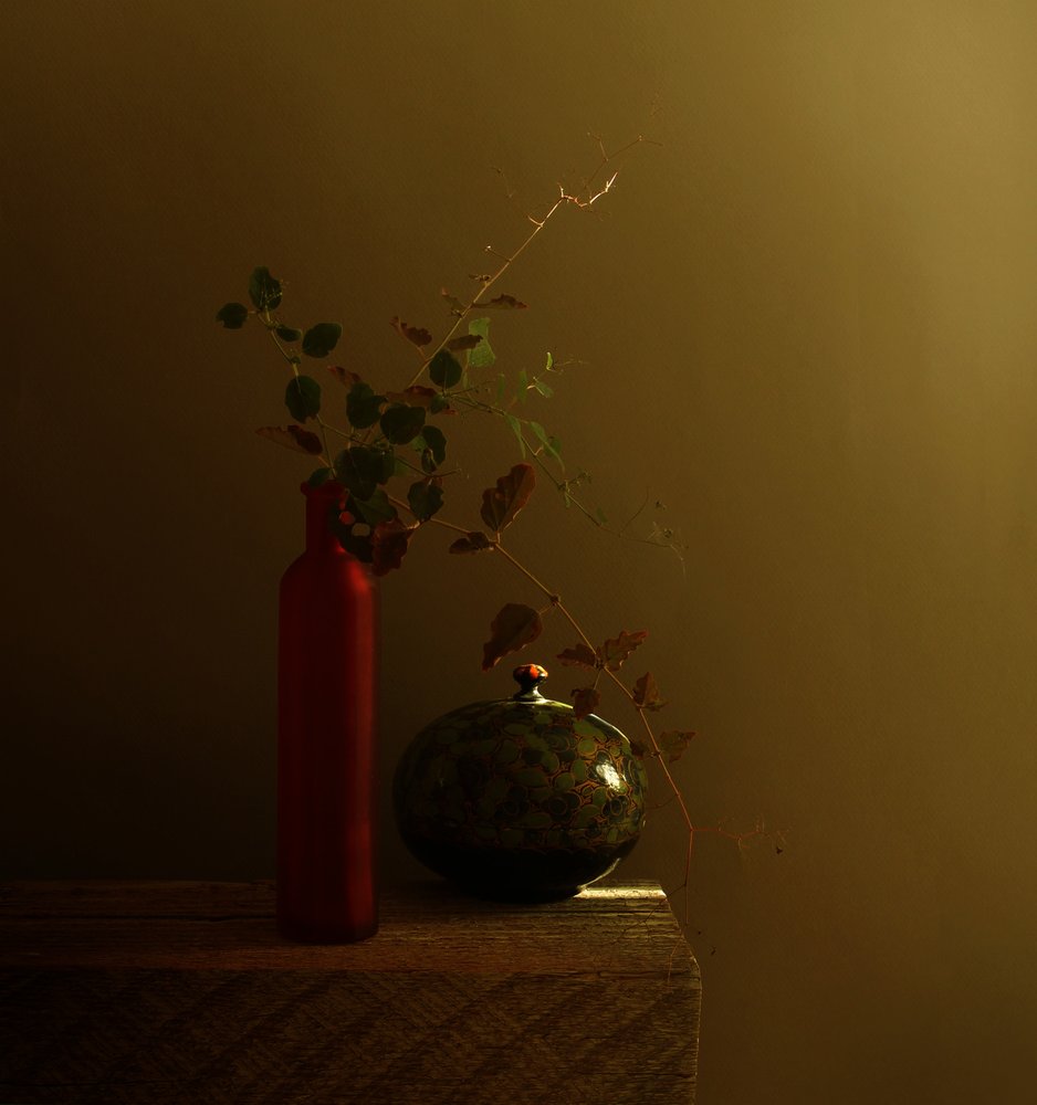 Naturaleza muerta con botella roja oscura de Margaret Halaby