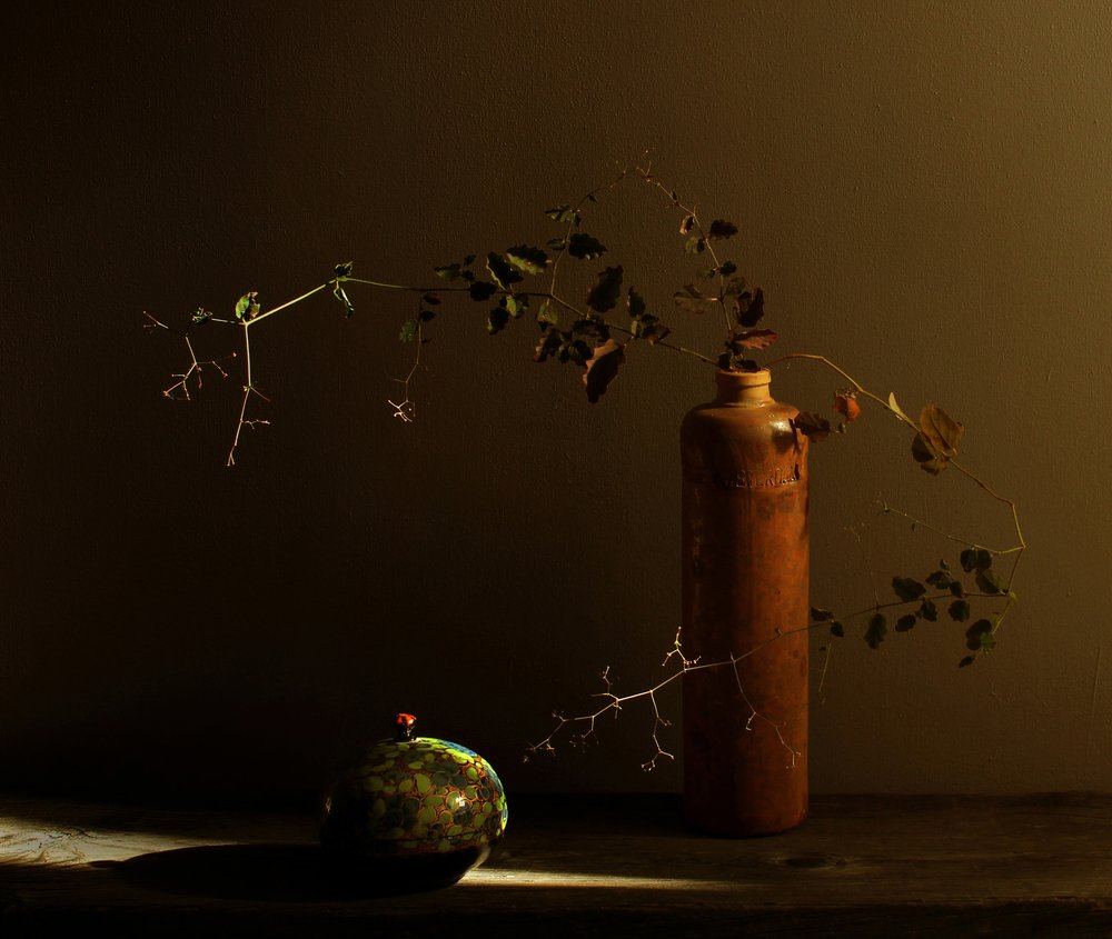 Naturaleza muerta rústica con mariquita de Margaret Halaby