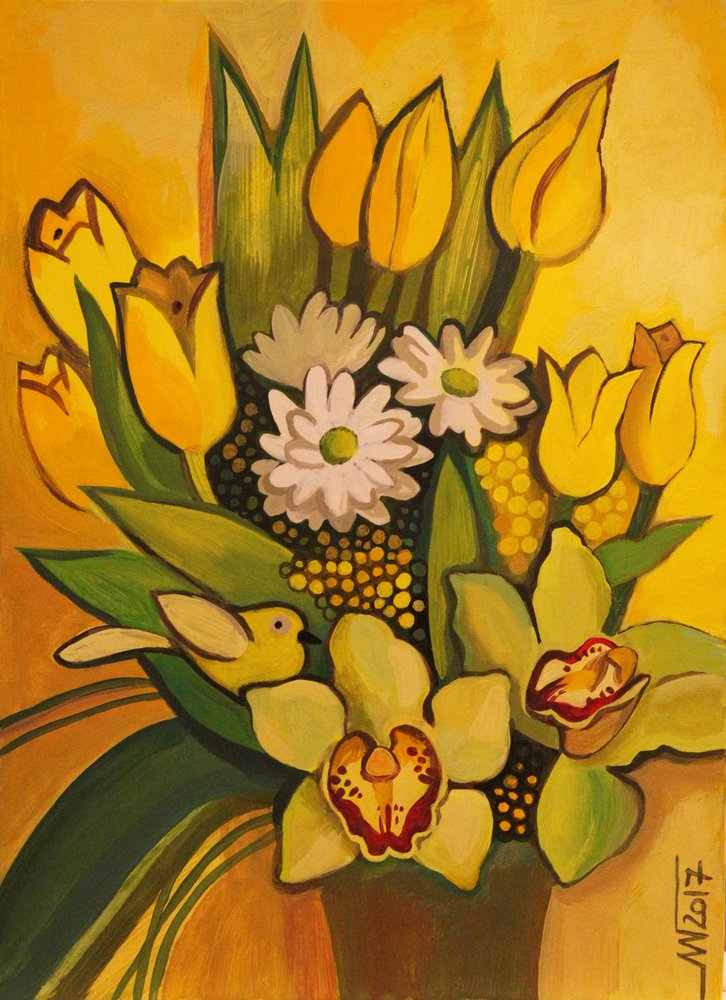 Ramo de pájaros de color amarillo brillante de Marina Gorkaeva