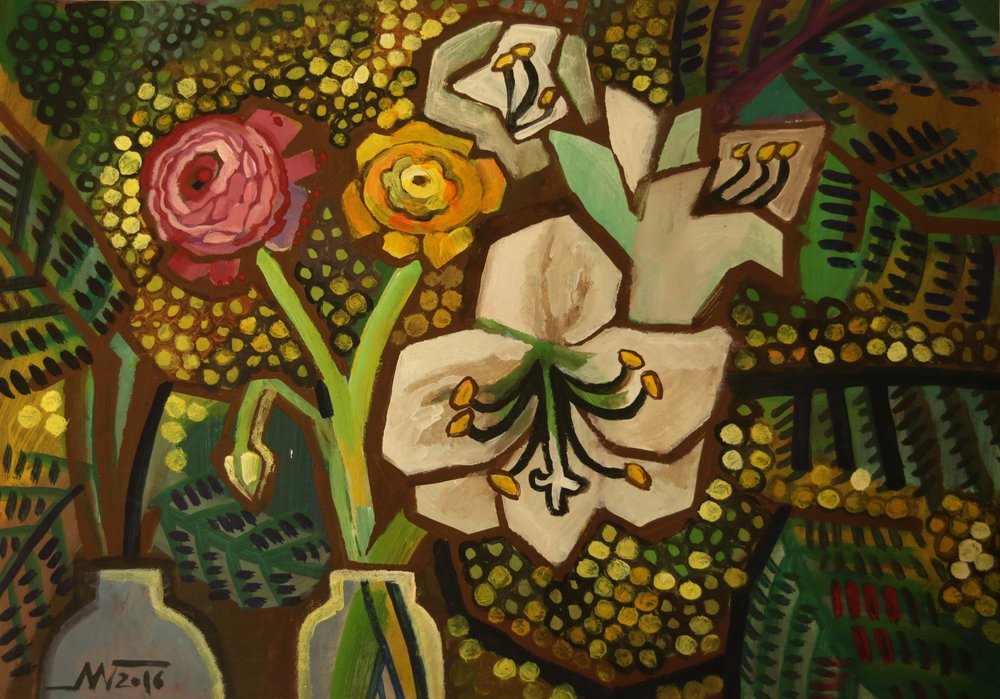 Naturaleza muerta floral llena de colorido de Marina Gorkaeva