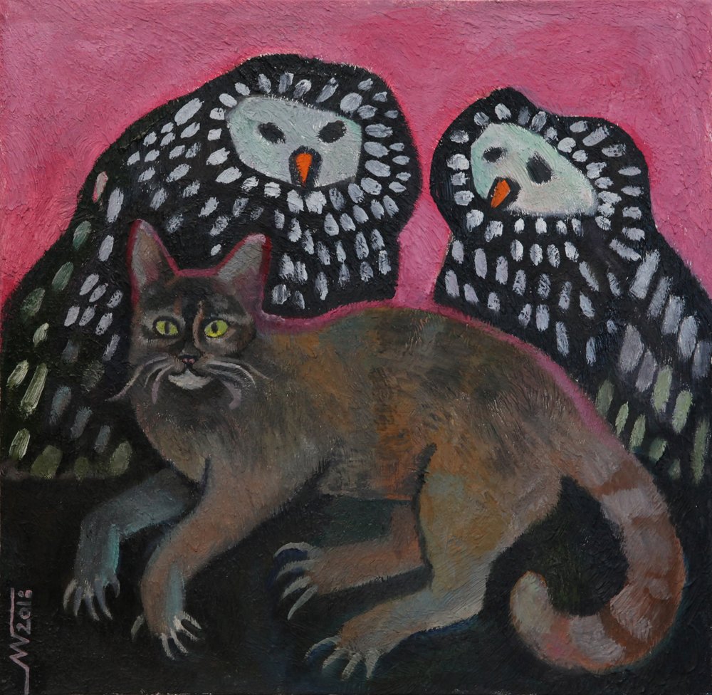 Gato travieso con búhos de Marina Gorkaeva