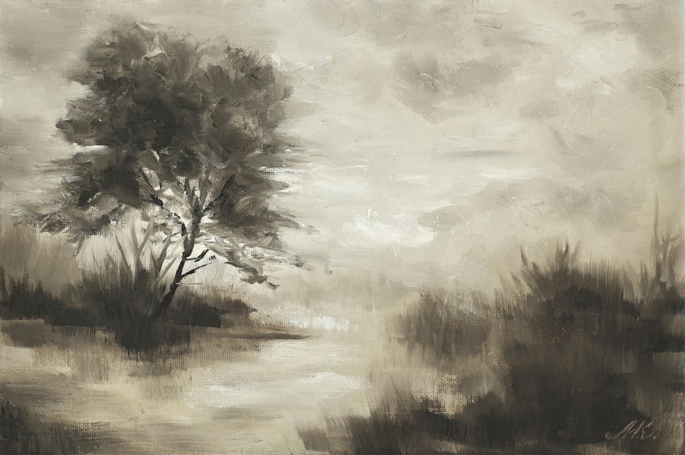Árbol solitario brumoso de Marina Kozyr