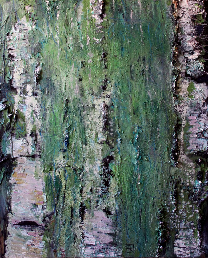 Corteza de abedul cubierta de musgo verde de Marina Nelson