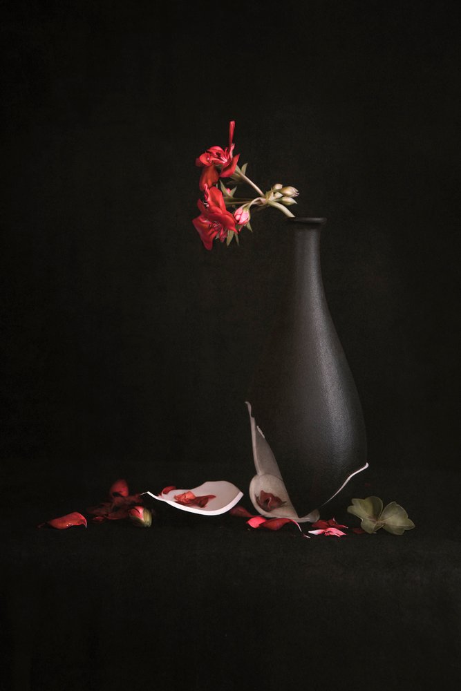 Jarrón roto con flores rojas de Martine Benezech