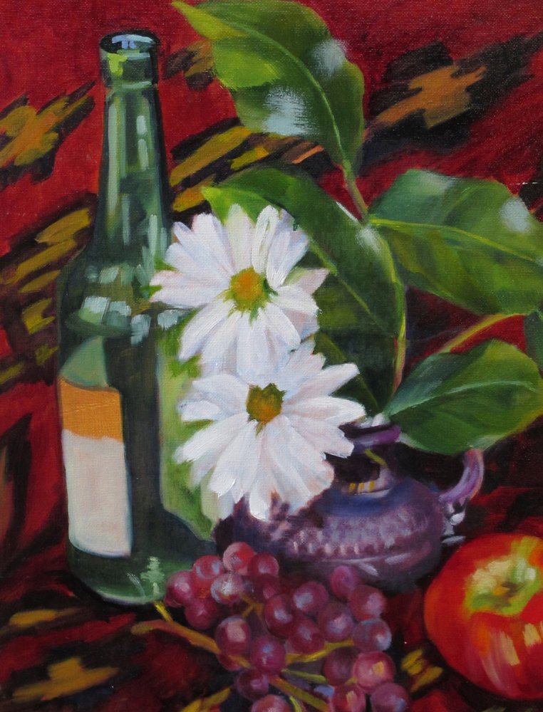 Fruta y margaritas en una botella de Maxine Shore