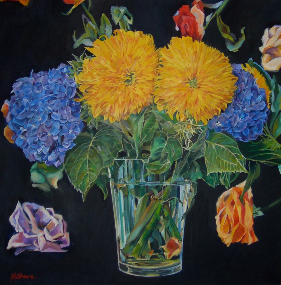 Naturaleza muerta floral llena de colorido de Maxine Shore