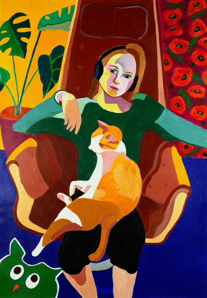 Una chica y un gato acurrucados de Monica Prentice