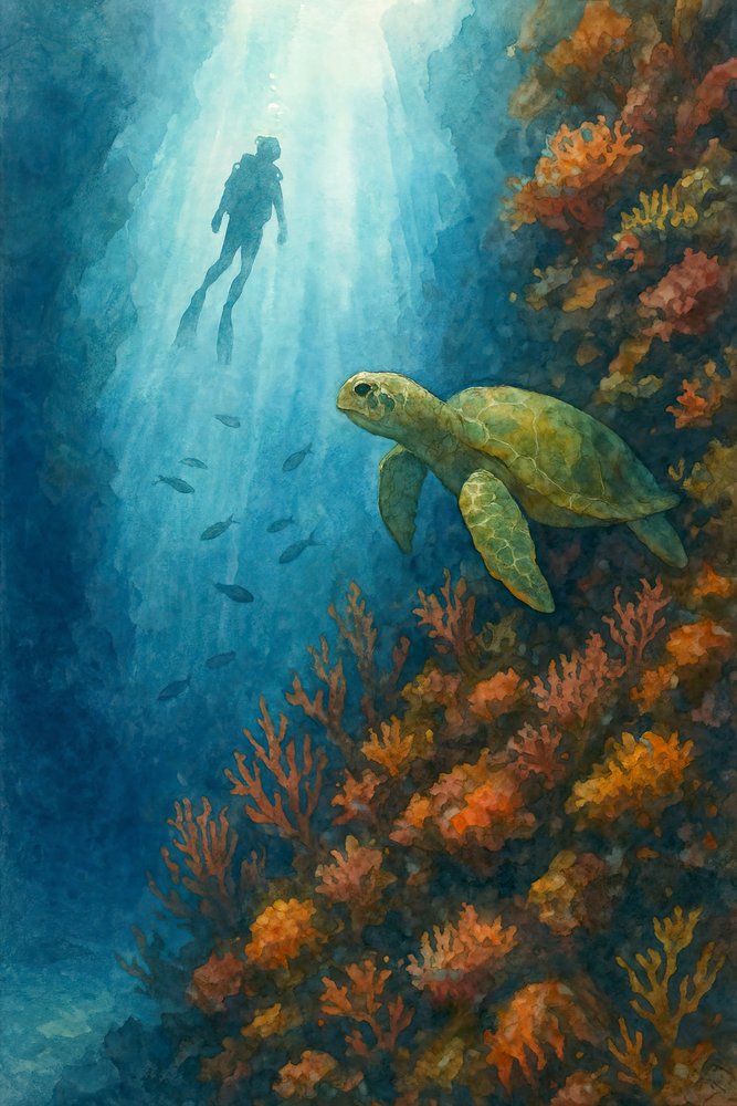 Buzo y tortuga marina de Natalie Bruns