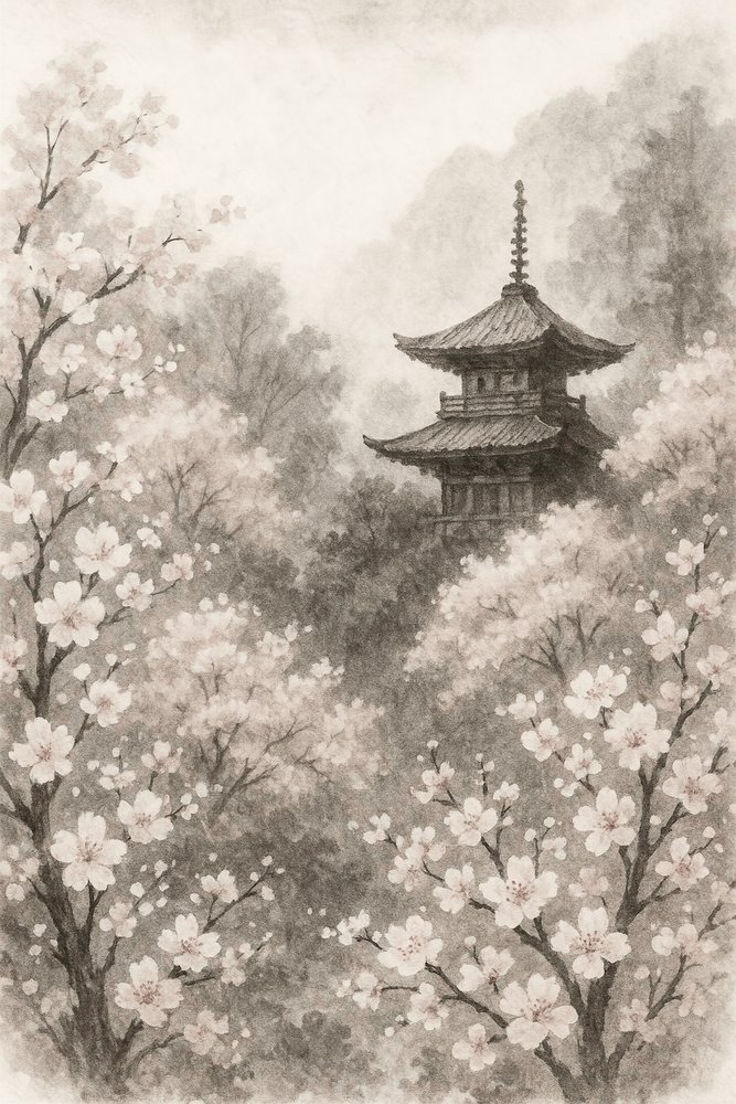 Flores de cerezo pagoda japonés de Natalie Bruns