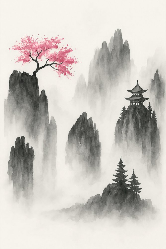 Paisaje montañoso japonés con un cerezo en flor y un templo de Natalie Bruns