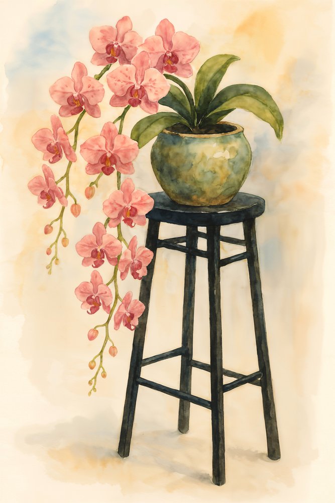 Orquídea rosa sobre un taburete de Natalie Bruns