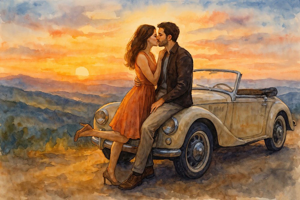 Coche clásico: beso al atardecer de Natalie Bruns