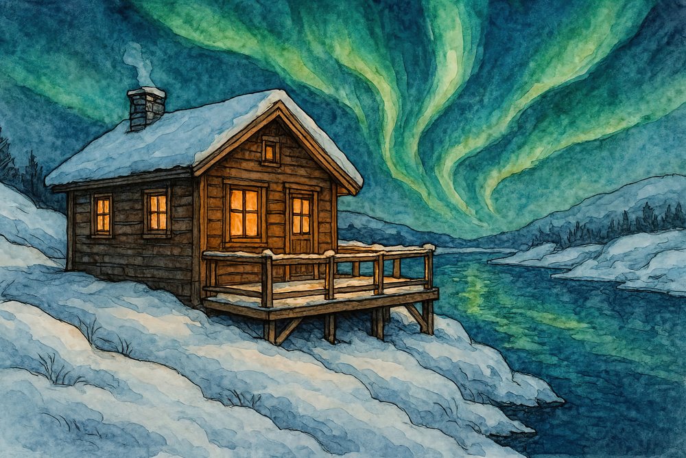 Cabaña de invierno y auroras boreales de Natalie Bruns