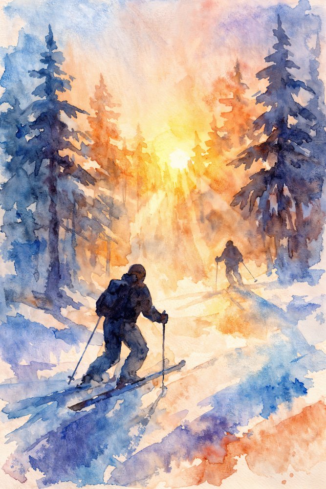 Esquiadores en invierno al amanecer de Natalie Bruns