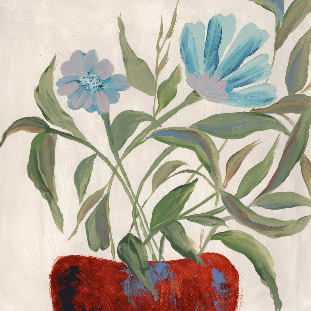 Flores azules en maceta roja de Nikita Jariwala