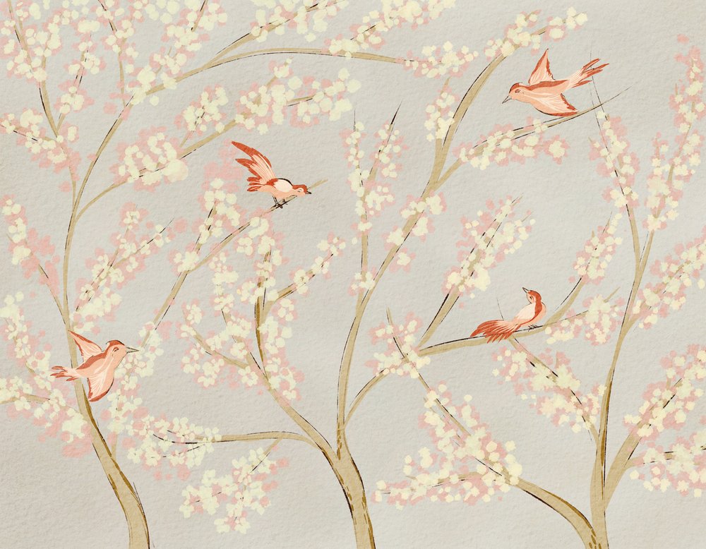 Pájaros rosas y flores primaverales de Nikita Jariwala