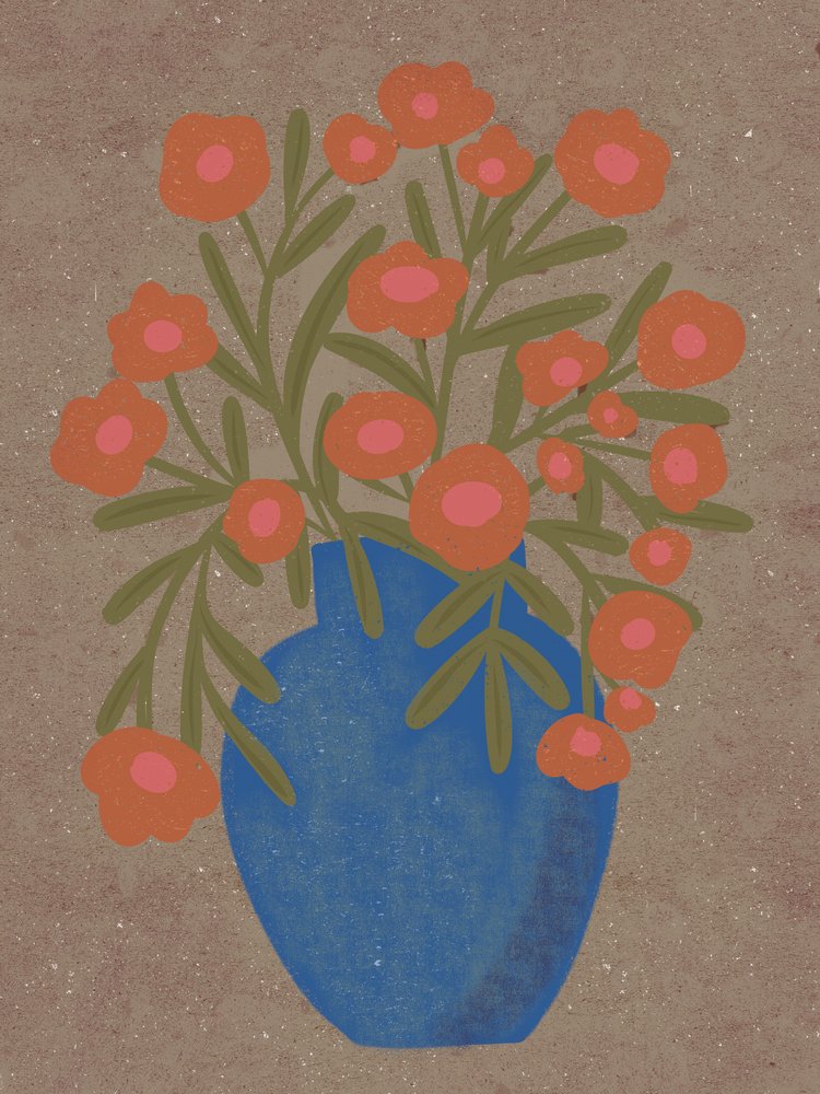 Jarrón rústico con motivos florales en tonos naranjas de Nikita Jariwala