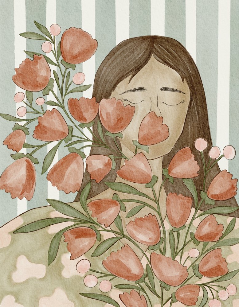 Mujer serena con flores de Nikita Jariwala