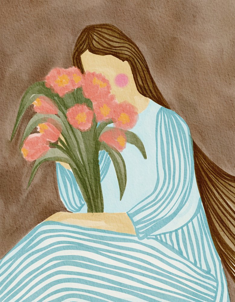 Mujer tímida y tulipanes rosas de Nikita Jariwala