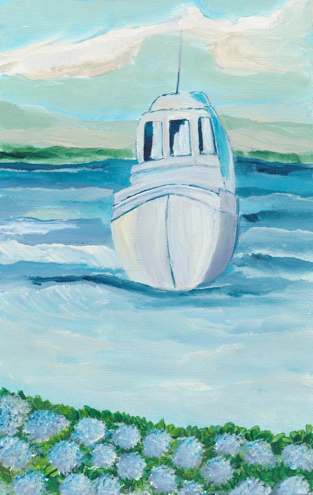 Barco blanco, hortensias azules de Nikita Jariwala