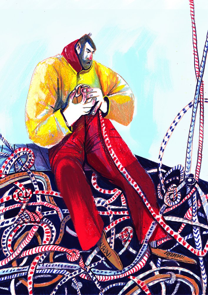 Marinero concentrado desenredando cuerdas de Olga Skomorokhova