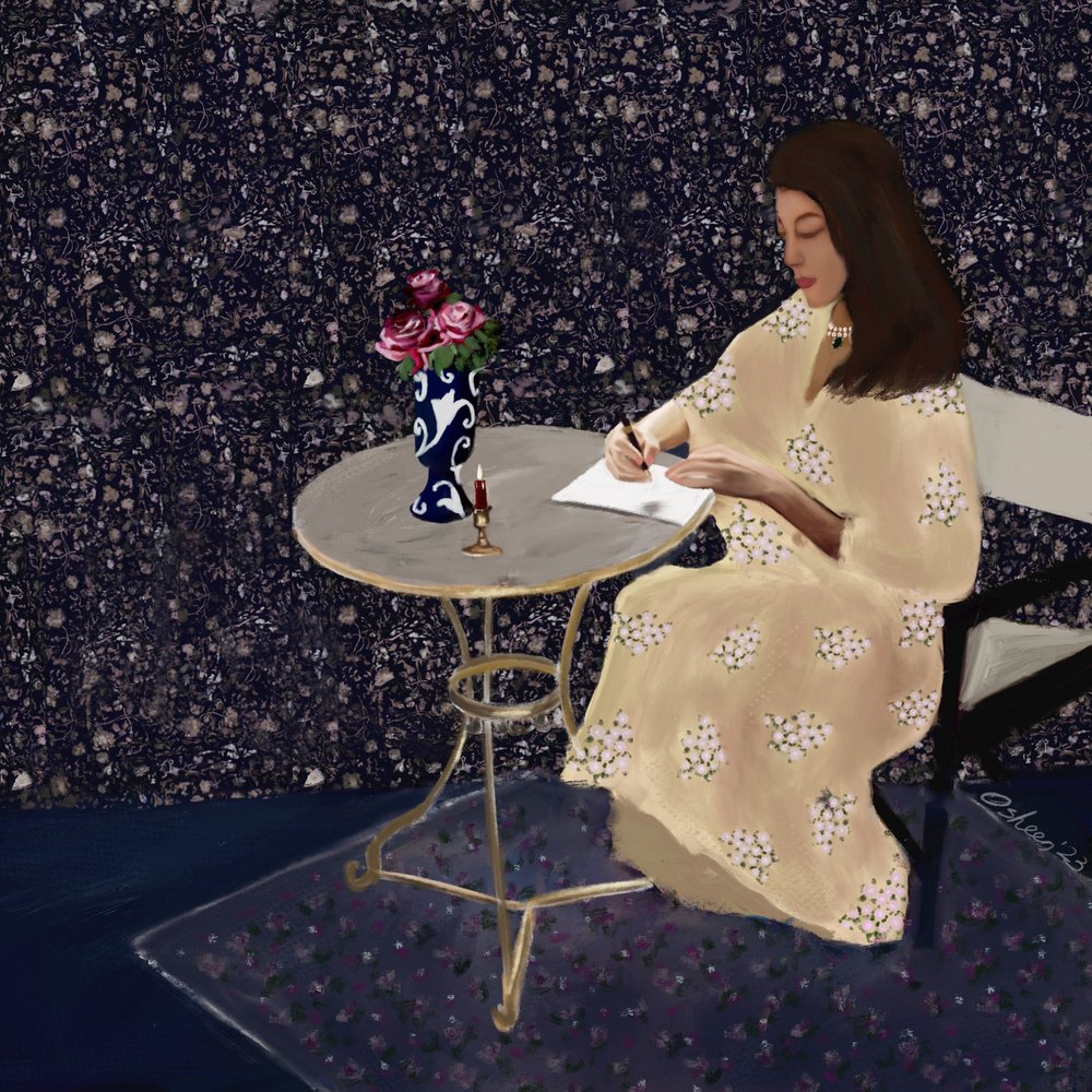 Elegante mujer escribiendo de Osheensgallery
