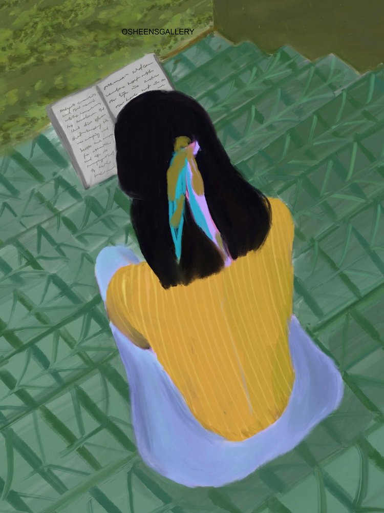 Niña leyendo en las escaleras de Osheensgallery
