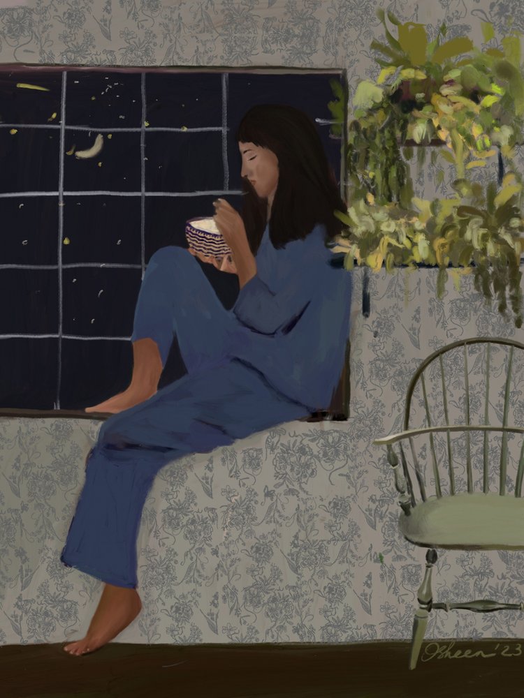 Comida junto a la ventana a la luz de la luna de Osheensgallery
